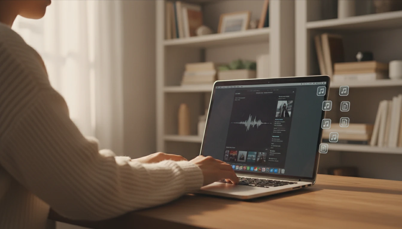 Person at a MacBook building an Apple Music library with music files on the desktop