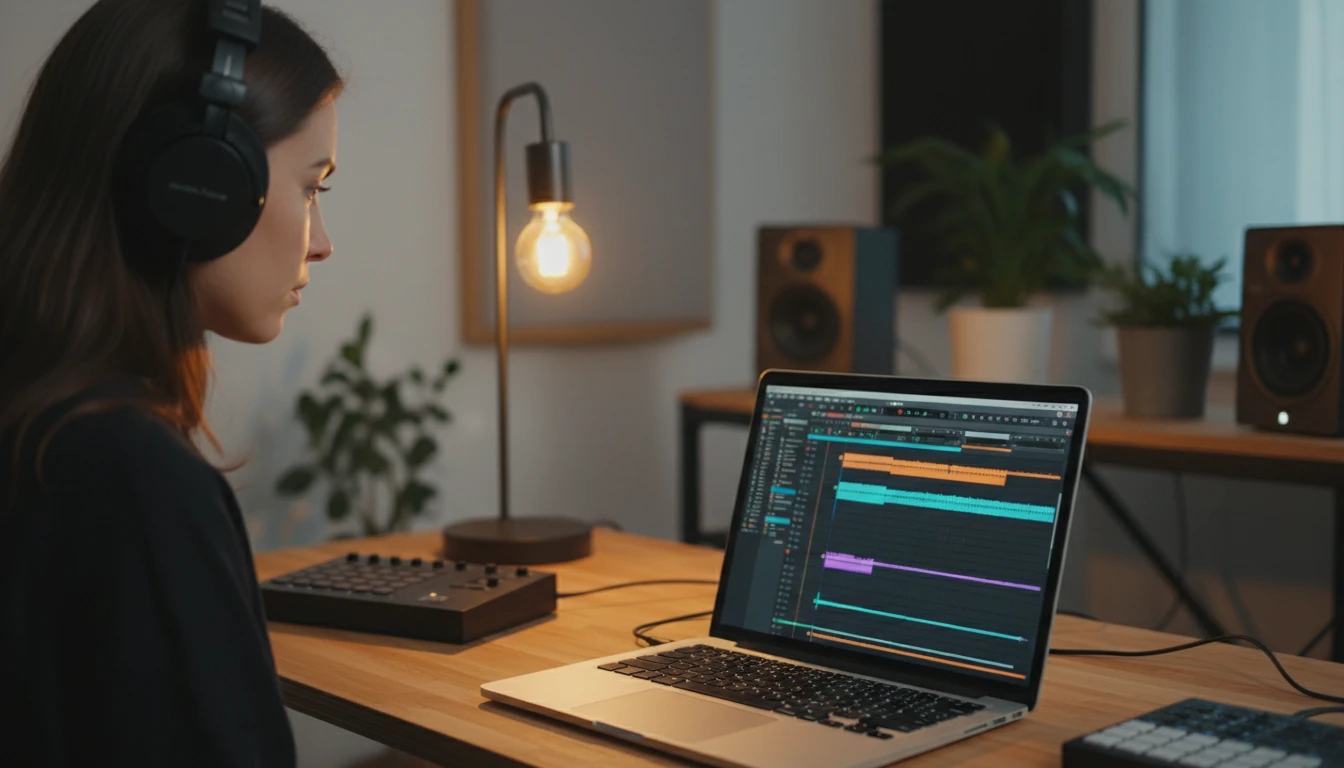 Music producer at a MacBook with GarageBand open showing colorful audio tracks