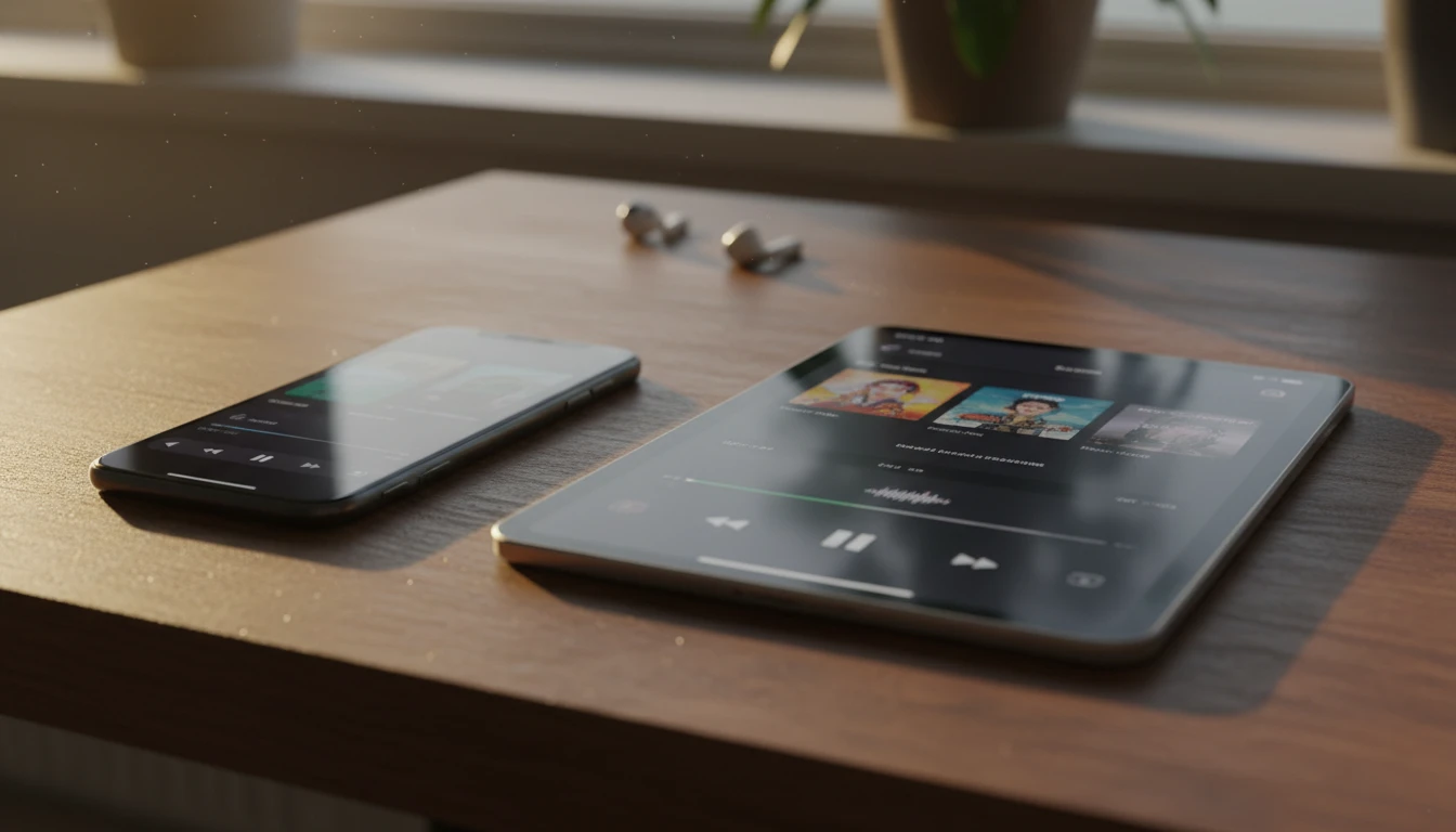 iPhone and iPad showing the same music library in Apple Music, on a desk together