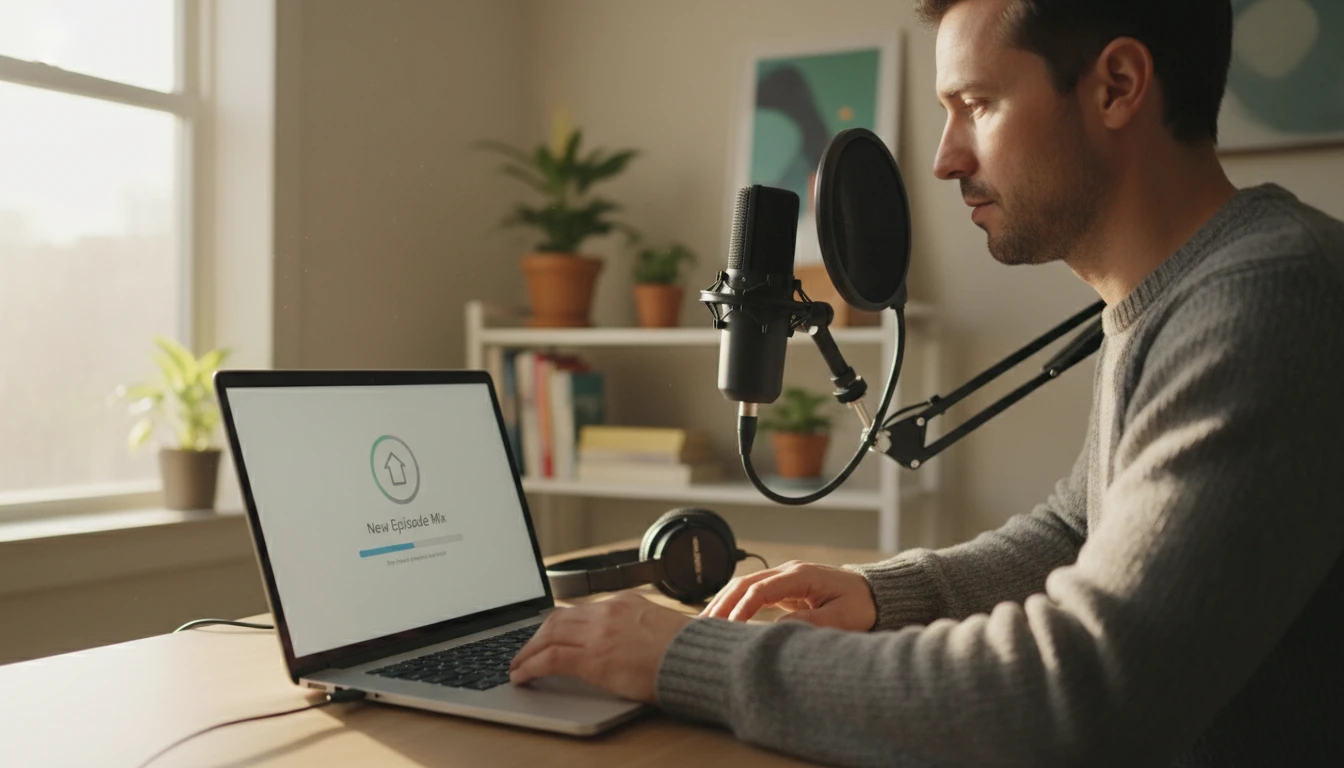 Podcaster at a home studio desk uploading an episode on a laptop