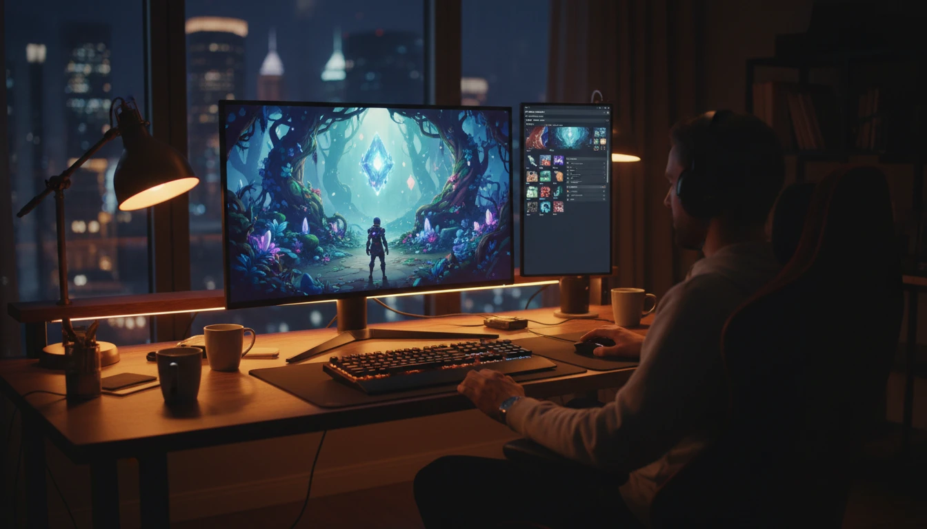 Game developer at a workstation with a 3D game scene and an audio asset panel