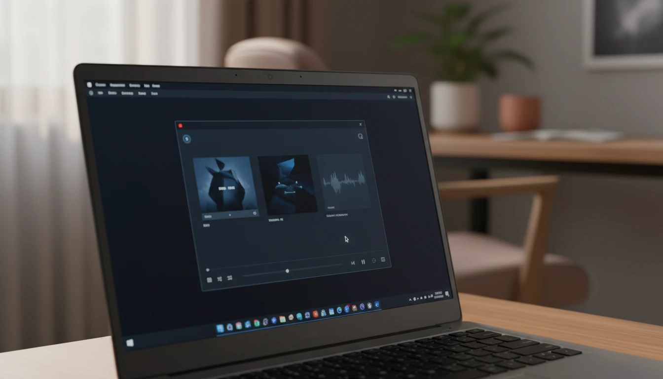 Linux desktop with a music player showing an organized music library
