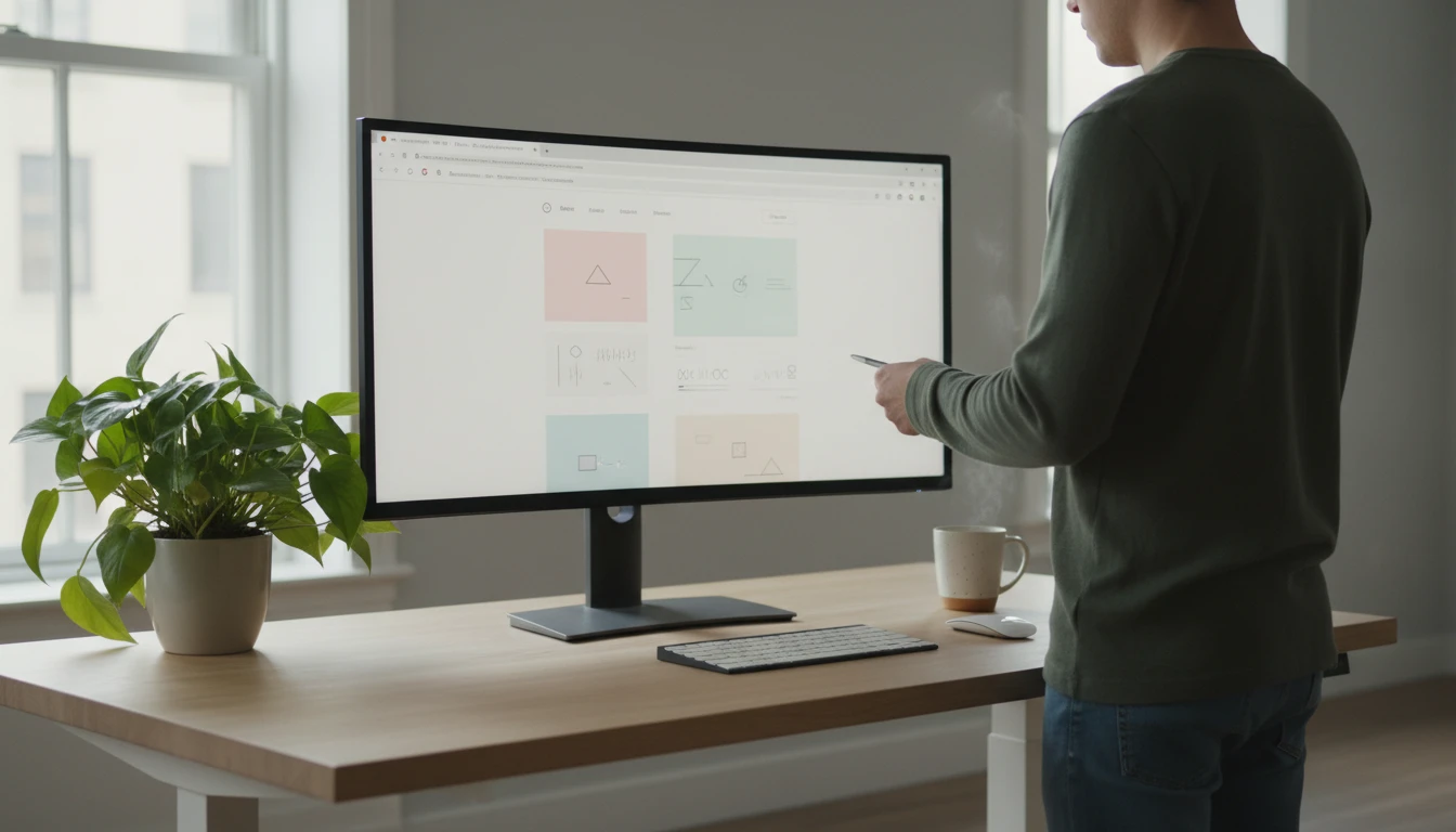 Web developer at a bright desk with a browser showing a web audio application