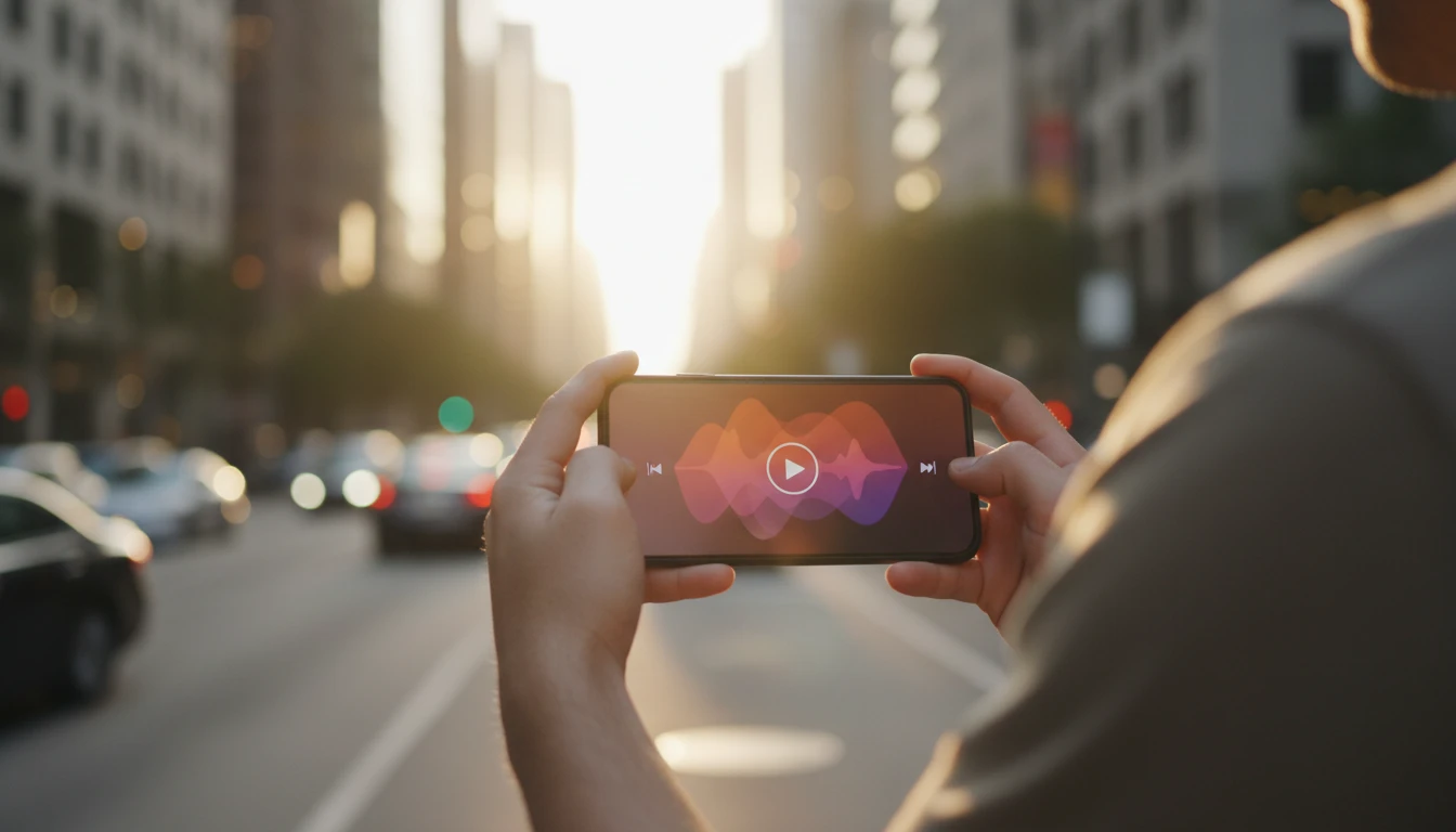 Person streaming music on a phone with a clean mobile player interface