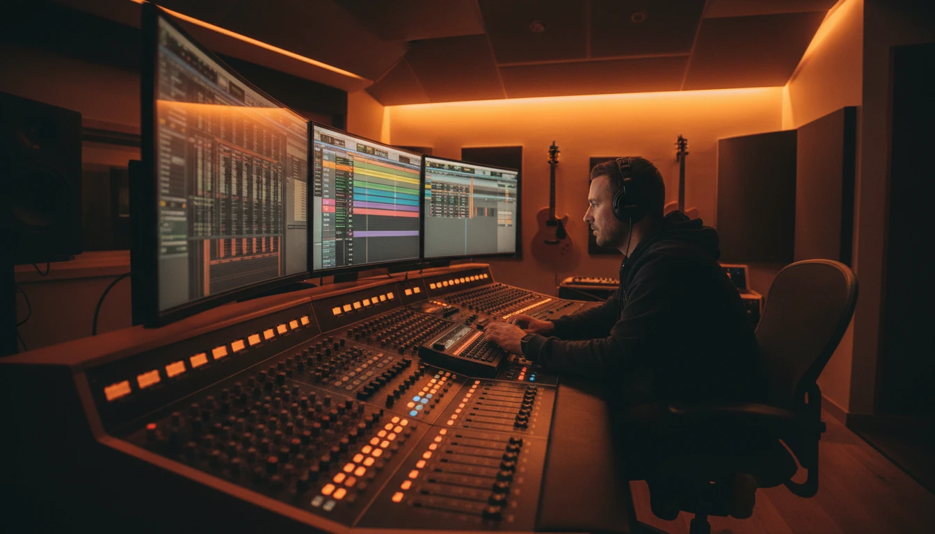 Audio engineer at a professional DAW workstation with waveforms on a large monitor