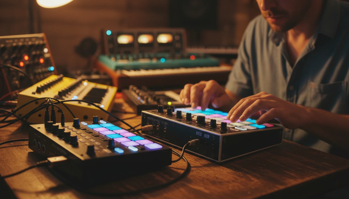 Producer at a hardware sampler with a USB drive loaded with audio samples