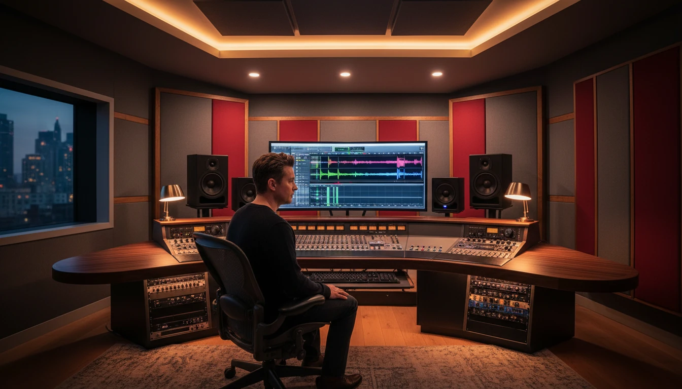 Mastering engineer at a high-end workstation reviewing audio in a professional studio