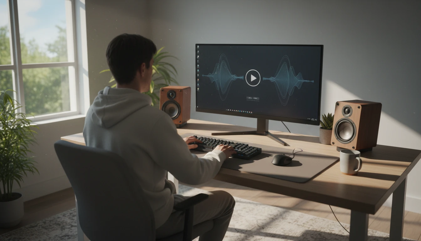 Person at a Windows desktop with a music player open and speakers on the desk