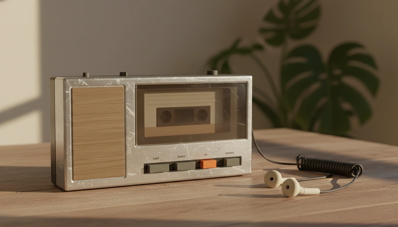 Portable music player on a desk with earphones beside it