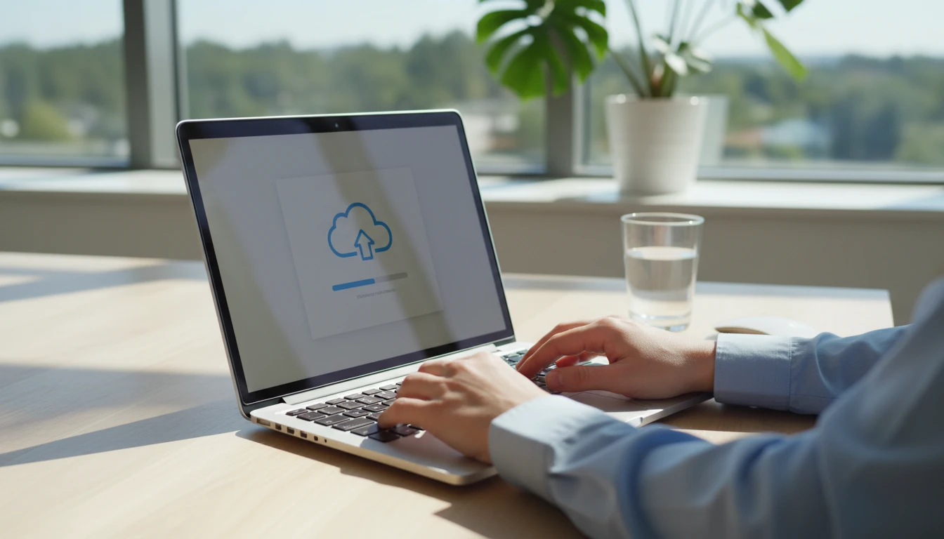 Office worker at a Windows workstation uploading audio content to an e-learning platform