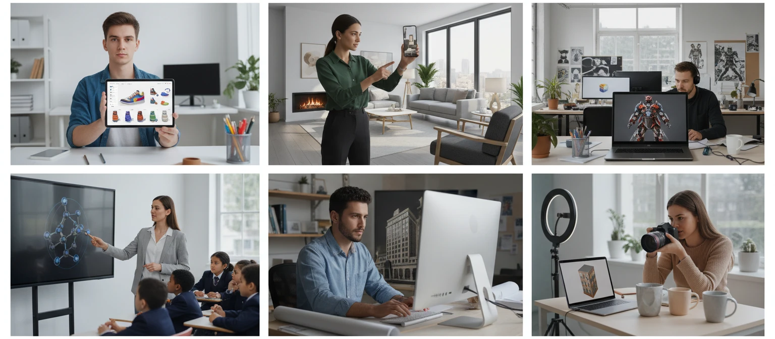 People using a 3D GLB editor for product design, AR, and education