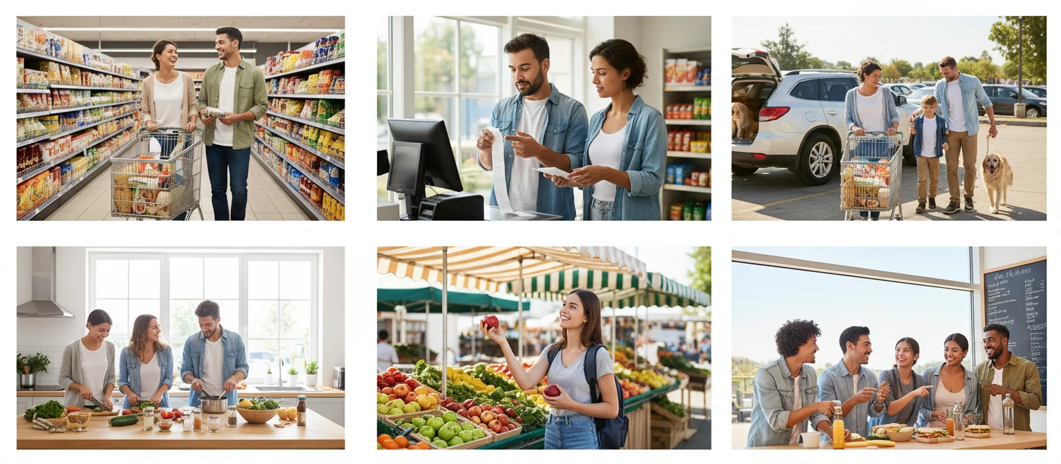 People in everyday grocery and shared meal situations