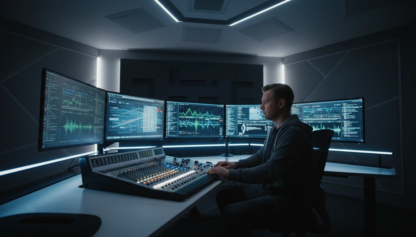 Developer at a workstation monitoring a live streaming dashboard with waveforms