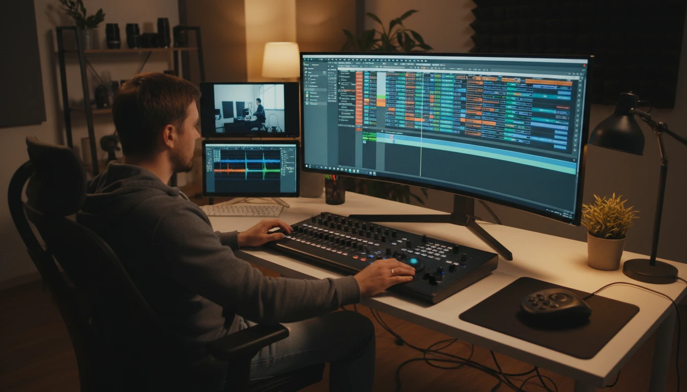 Video editor at a post-production workstation with a timeline on screen