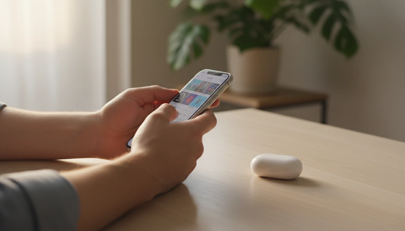 Person using iPhone to browse a music library with album covers, AirPods nearby