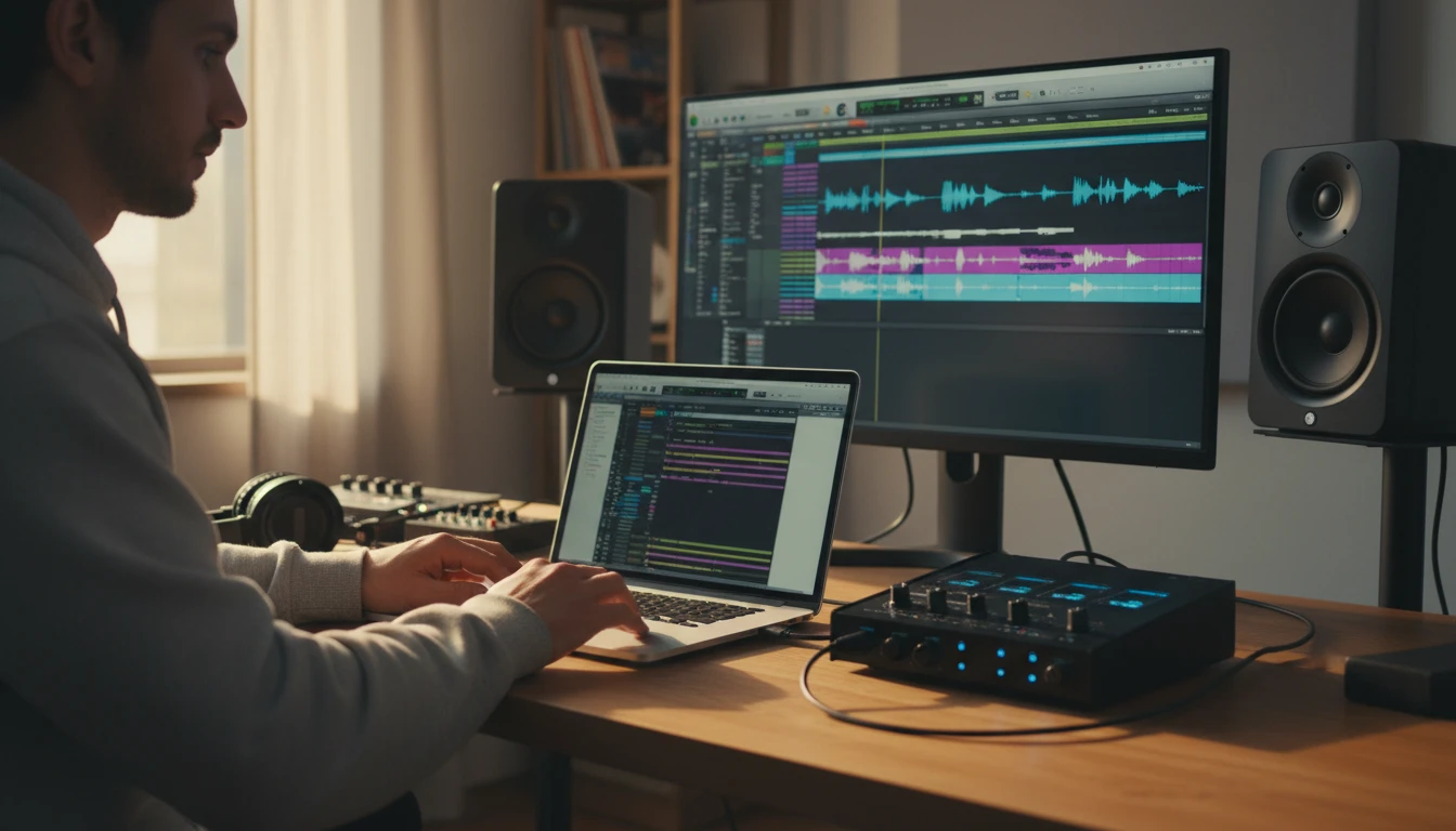 Audio producer at a MacBook with Logic Pro open showing an audio session