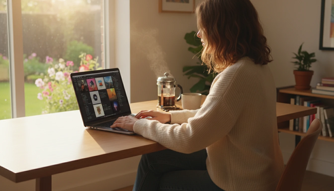 Person at a laptop organizing a digital music archive with multiple file formats