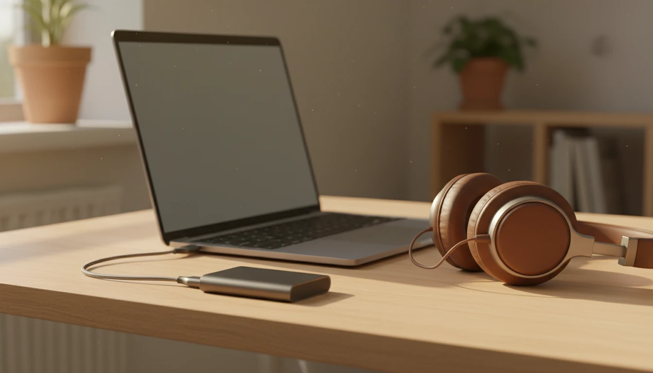 External hard drive and organized music collection on a home desk