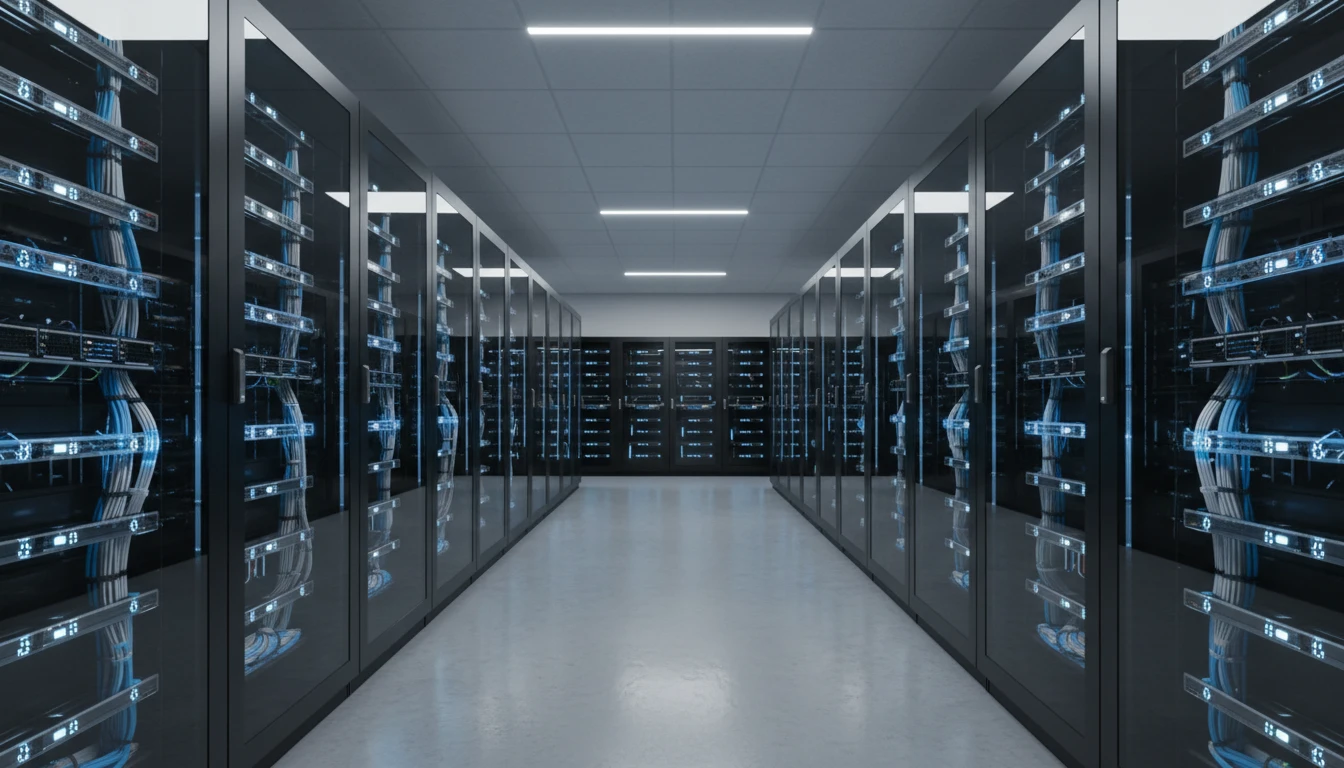Server rack with data processing lights in a modern data center