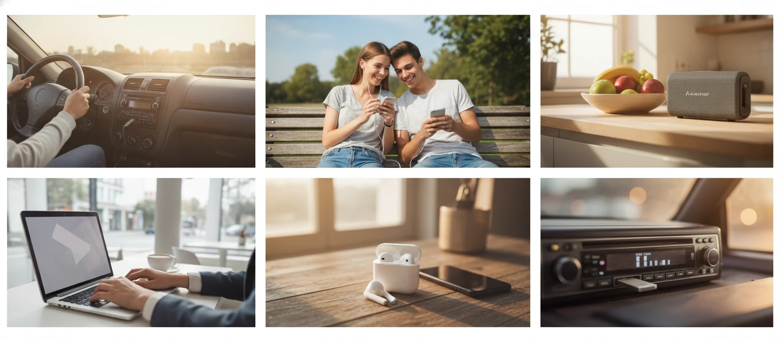 Everyday audio sharing, car stereos, Bluetooth speakers, and podcasting scenes