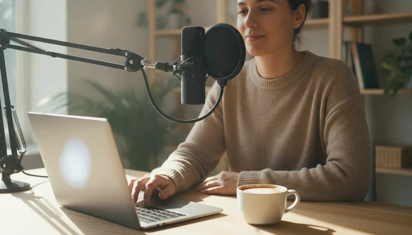 Podcaster at a bright home desk uploading an audio file on a laptop