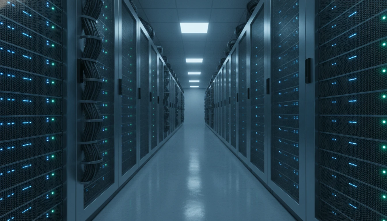 Modern server rack with glowing indicator lights in a data center