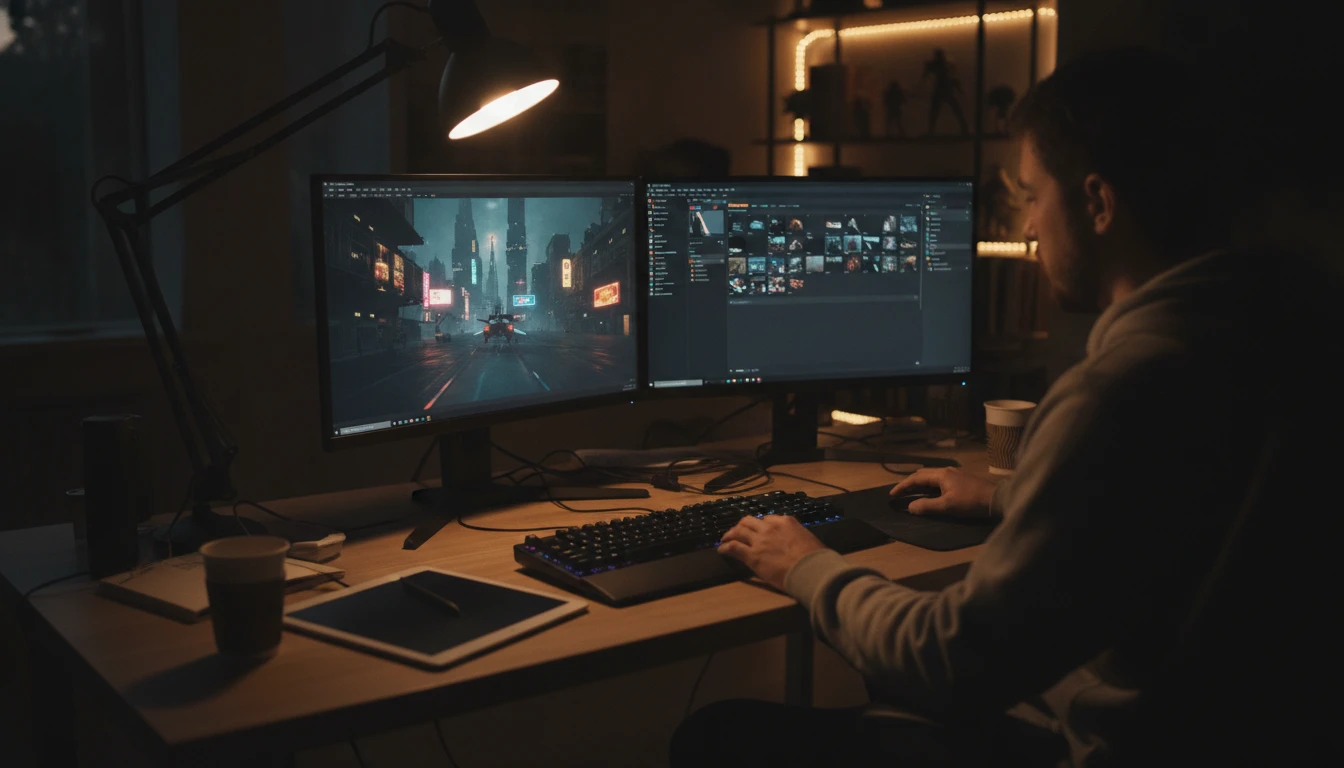 Game developer at a dual-monitor workstation building a 3D scene