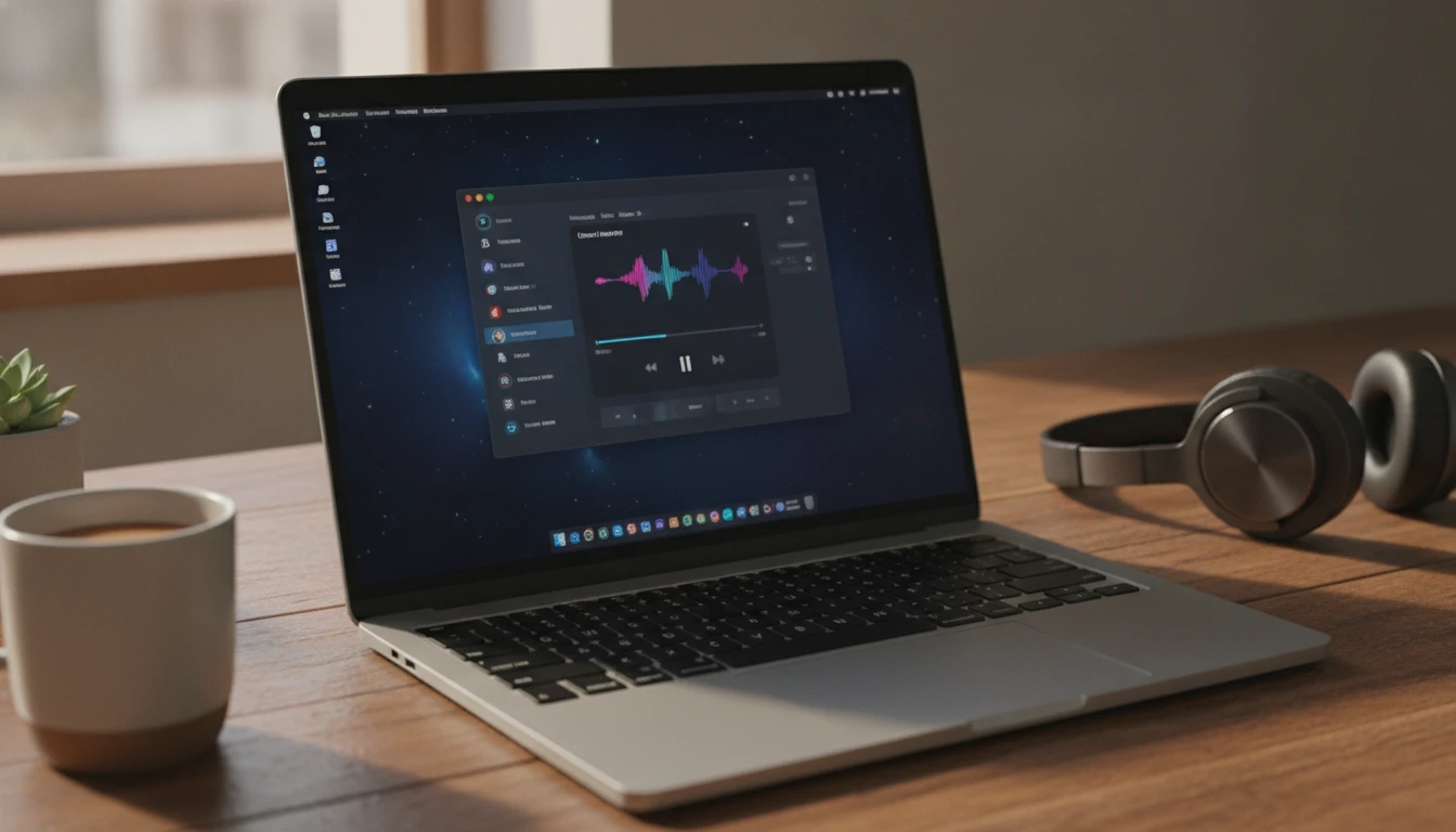 Linux desktop with a music player application open on a laptop