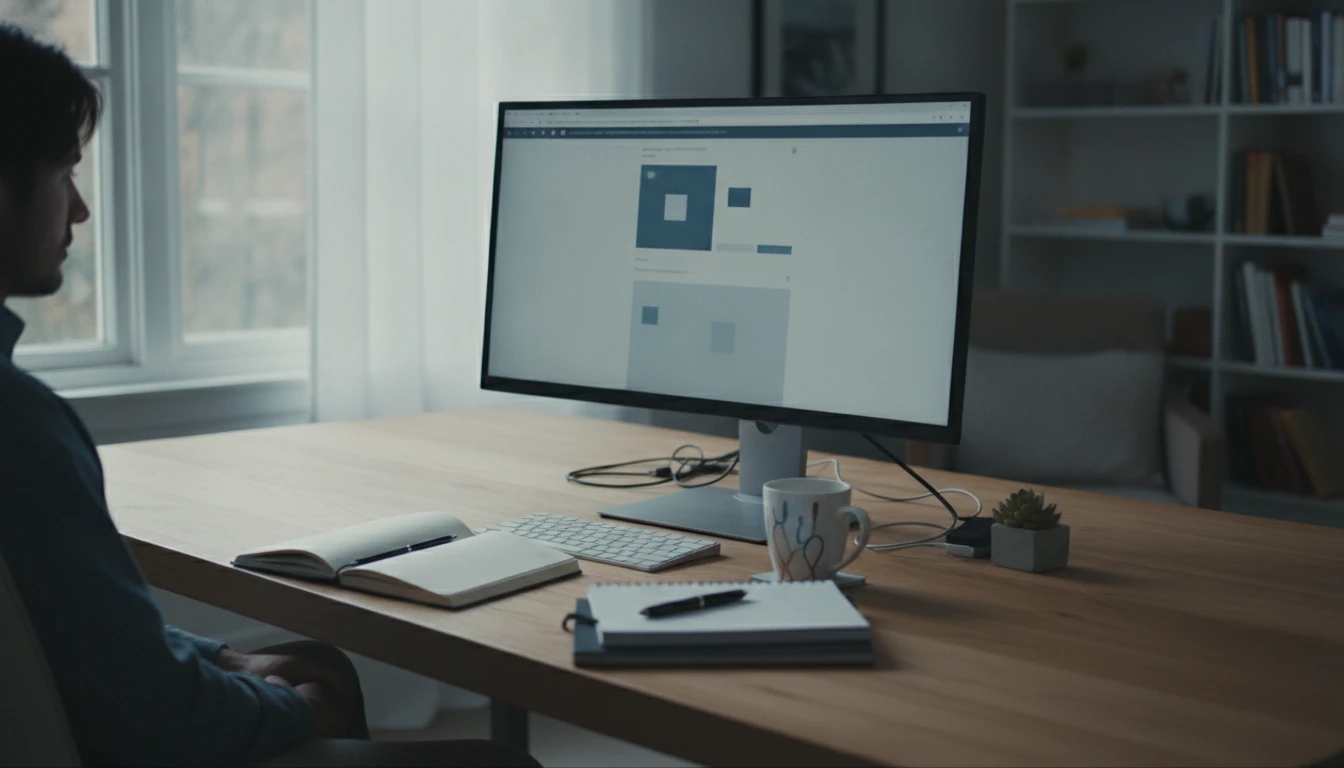 Web developer at a desk reviewing a browser with a music-enabled web app