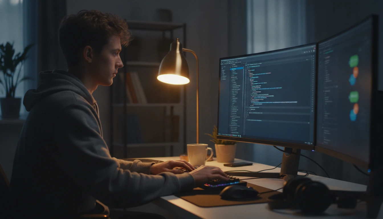 Developer at a desk coding a Discord bot with a chat interface on screen