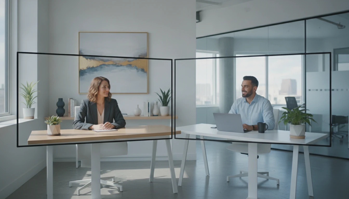 Two people on a video call in a modern office with open laptops