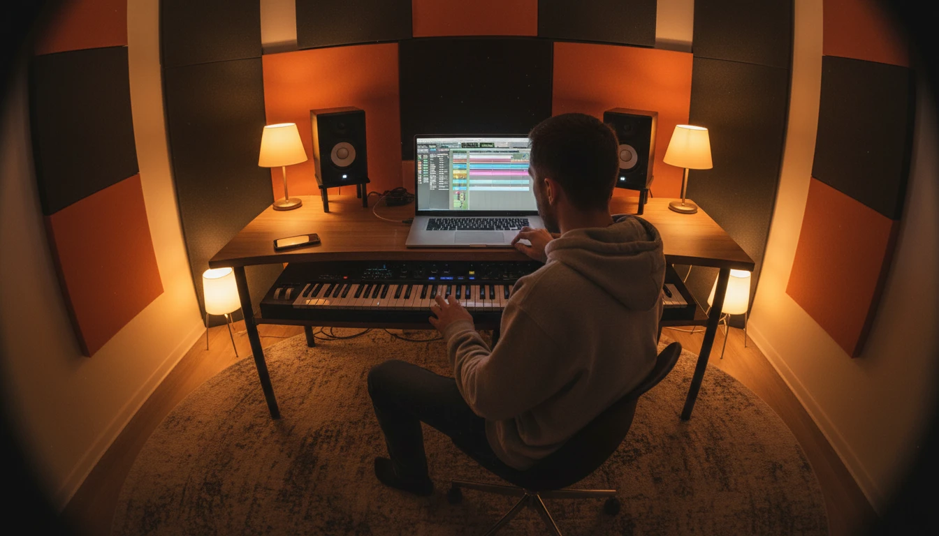 Musician at a DAW workstation with an iPhone and laptop in a home studio