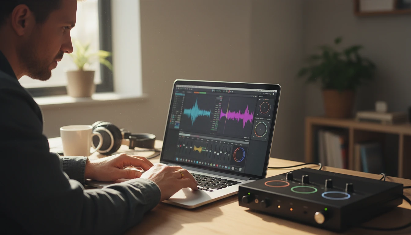 Producer at a MacBook with GarageBand open, exporting a project to WAV
