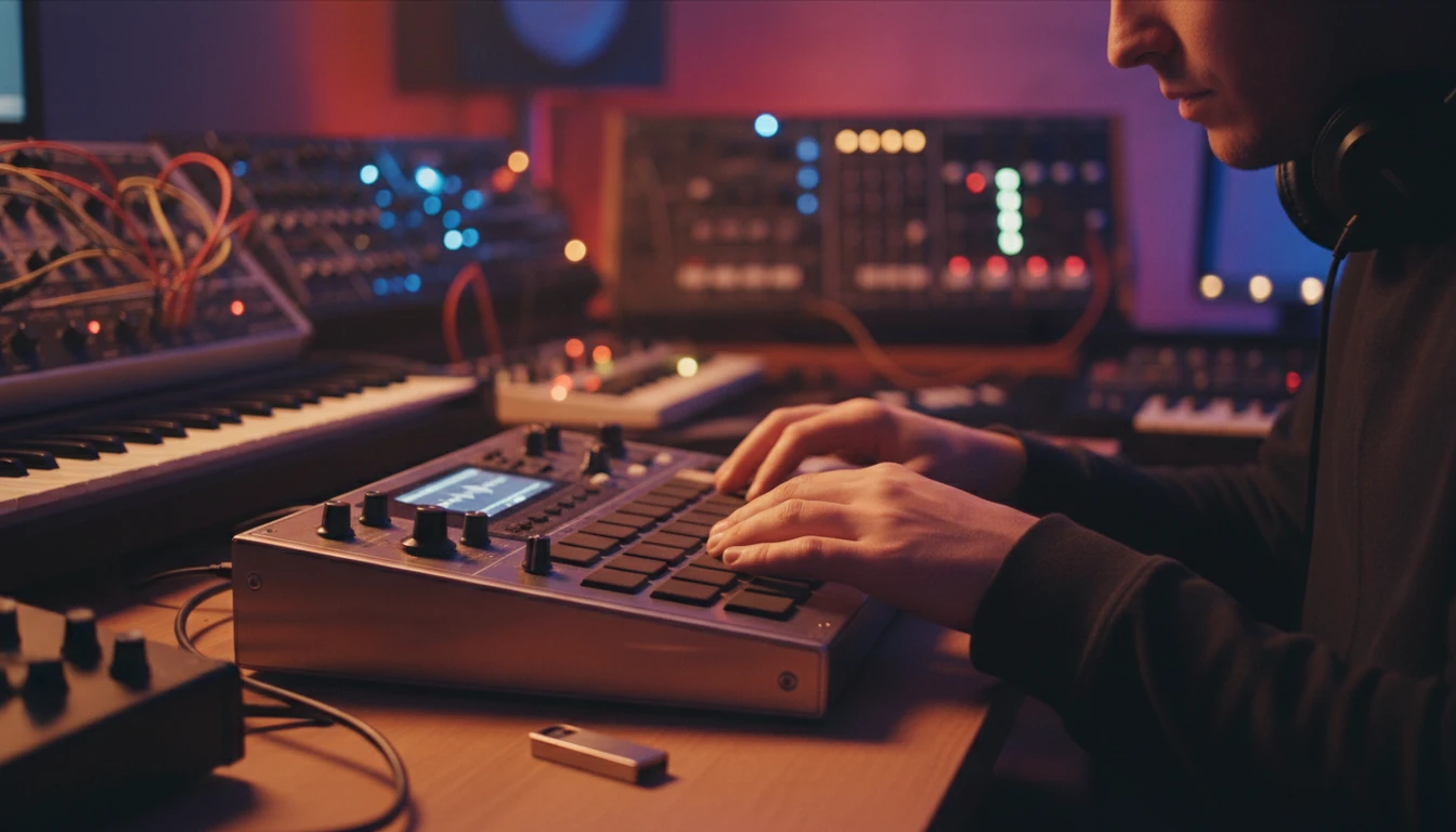 Music producer at a hardware sampler with a USB drive and sample pads