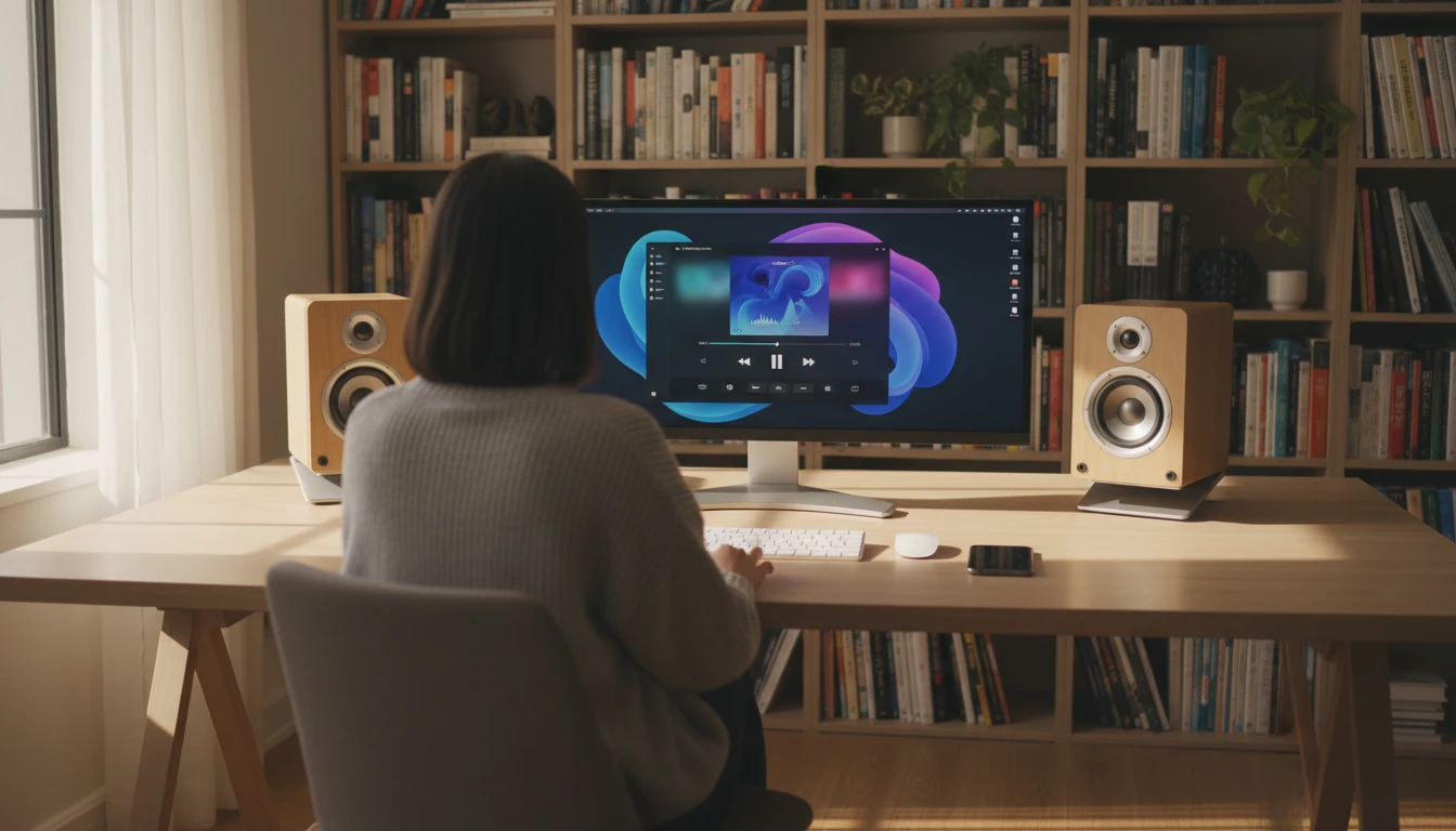 Person at a Windows desktop playing music from an iPhone-sourced file