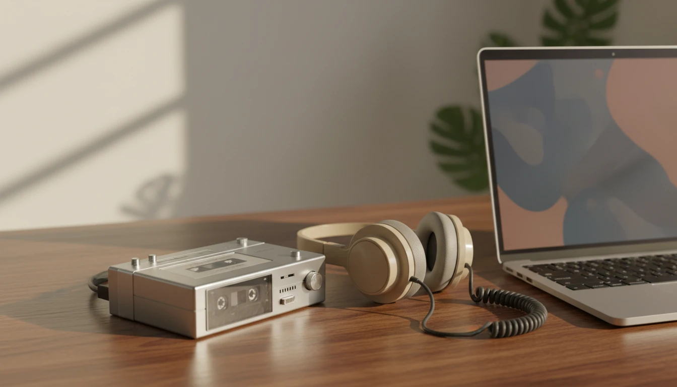 Vintage portable music player beside a laptop on a wooden desk