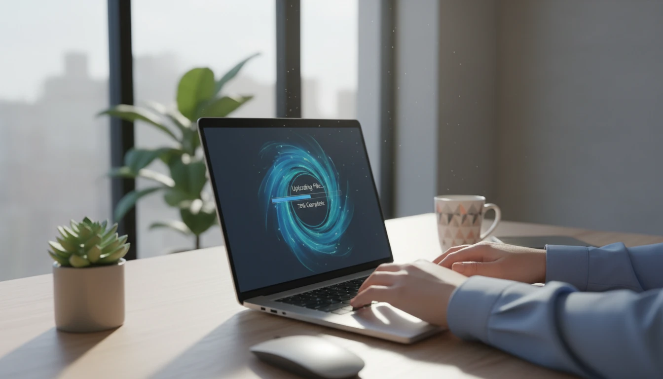 Office worker at a Windows workstation uploading audio to an e-learning platform