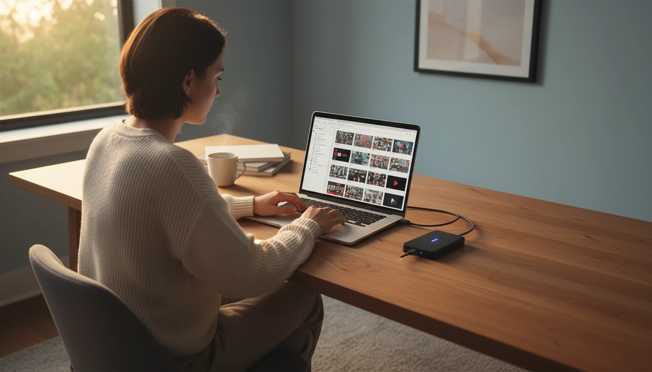 Person at a desk with a laptop and external hard drive organizing a video collection