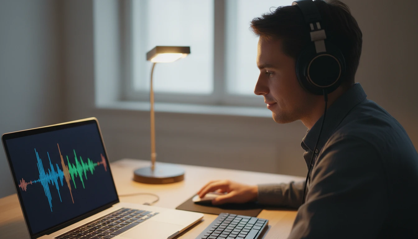Person wearing headphones editing audio on a laptop at a clean desk