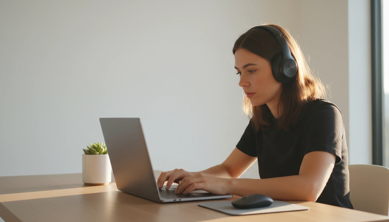 Person at a minimalist desk using a laptop with headphones