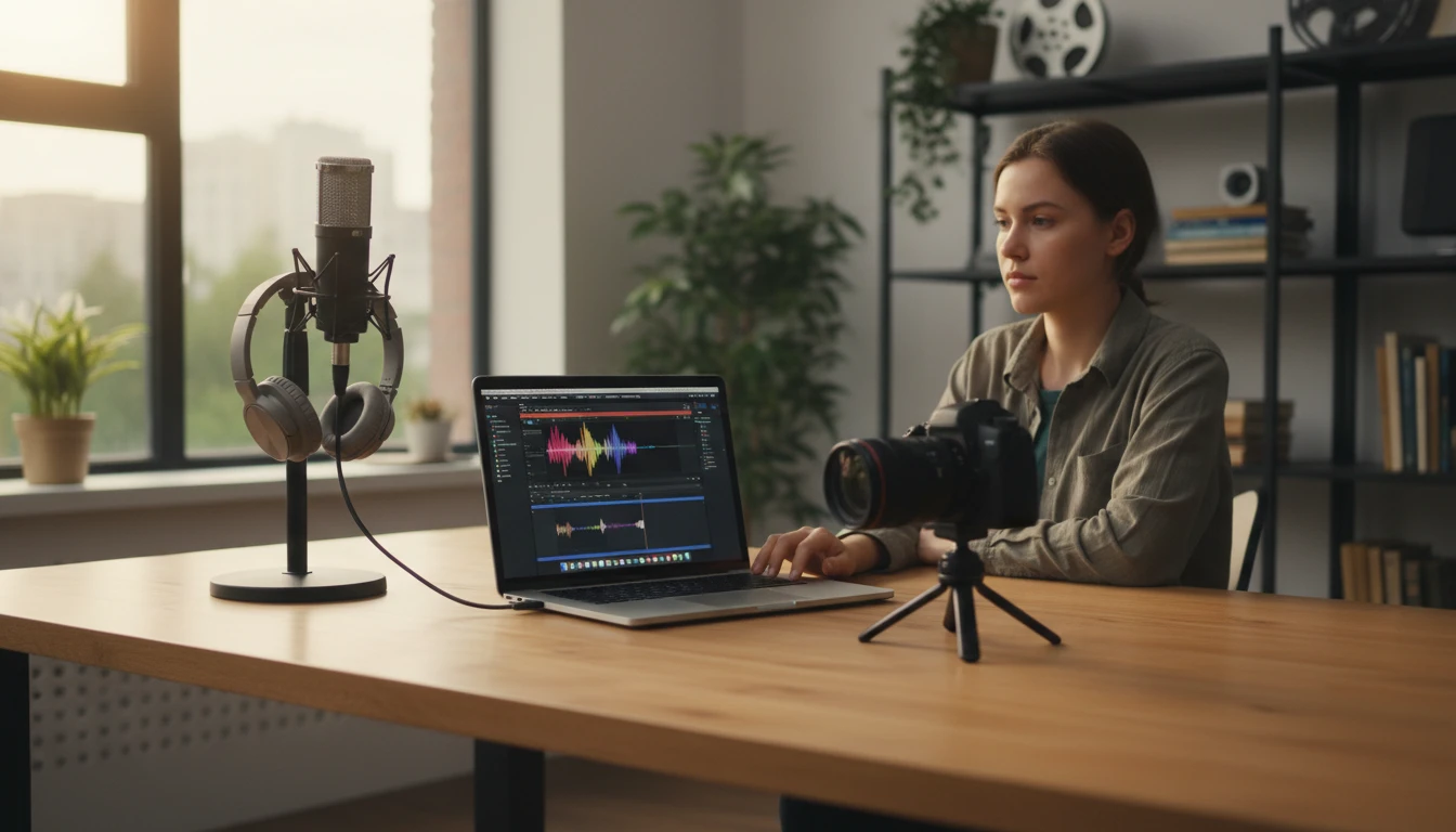 Filmmaker at a MacBook reviewing footage with a microphone and headphones on the desk