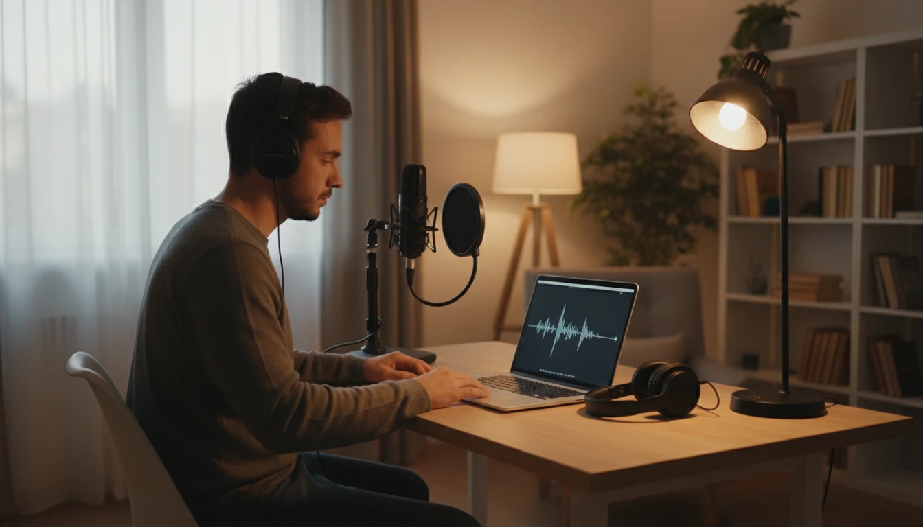 Person at a desk editing a podcast on a MacBook with a microphone nearby
