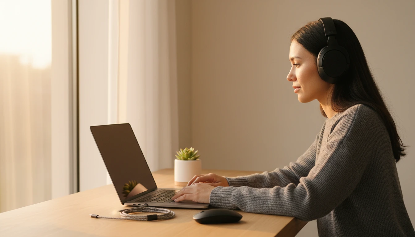 Person at a clean modern desk using a laptop with headphones