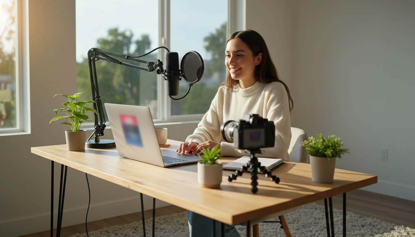 Content creator at a laptop with a microphone and headphones on the desk