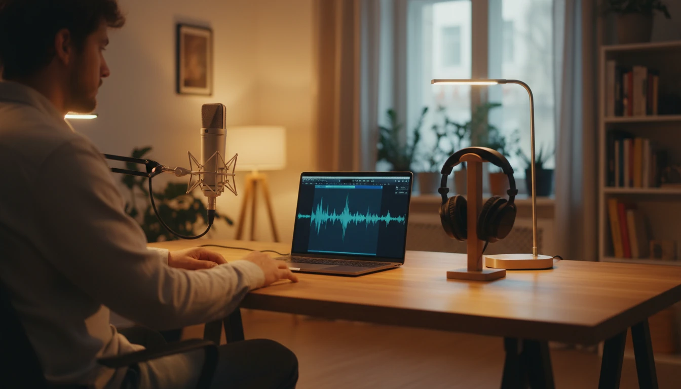 Person editing a podcast audio file on a laptop at a clean desk