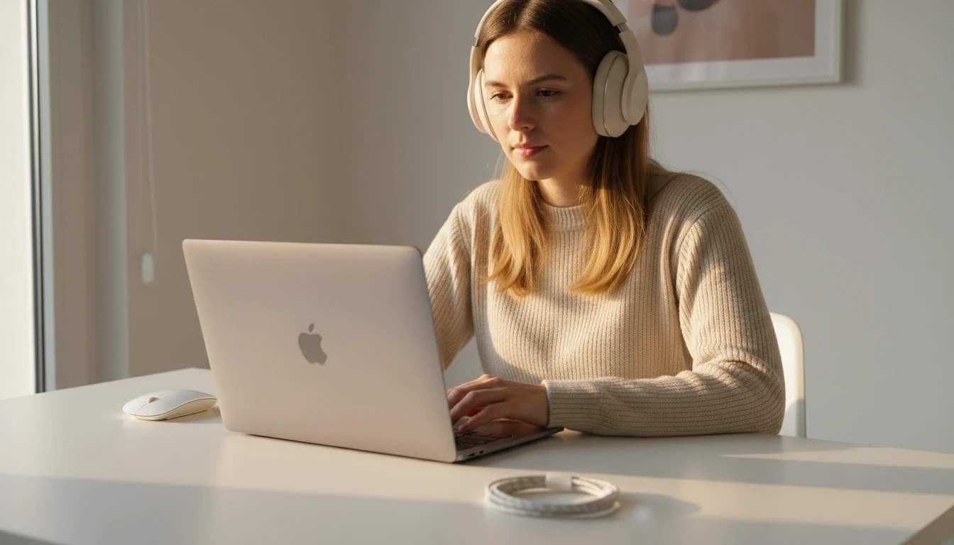 Person at a minimalist desk using a laptop with headphones