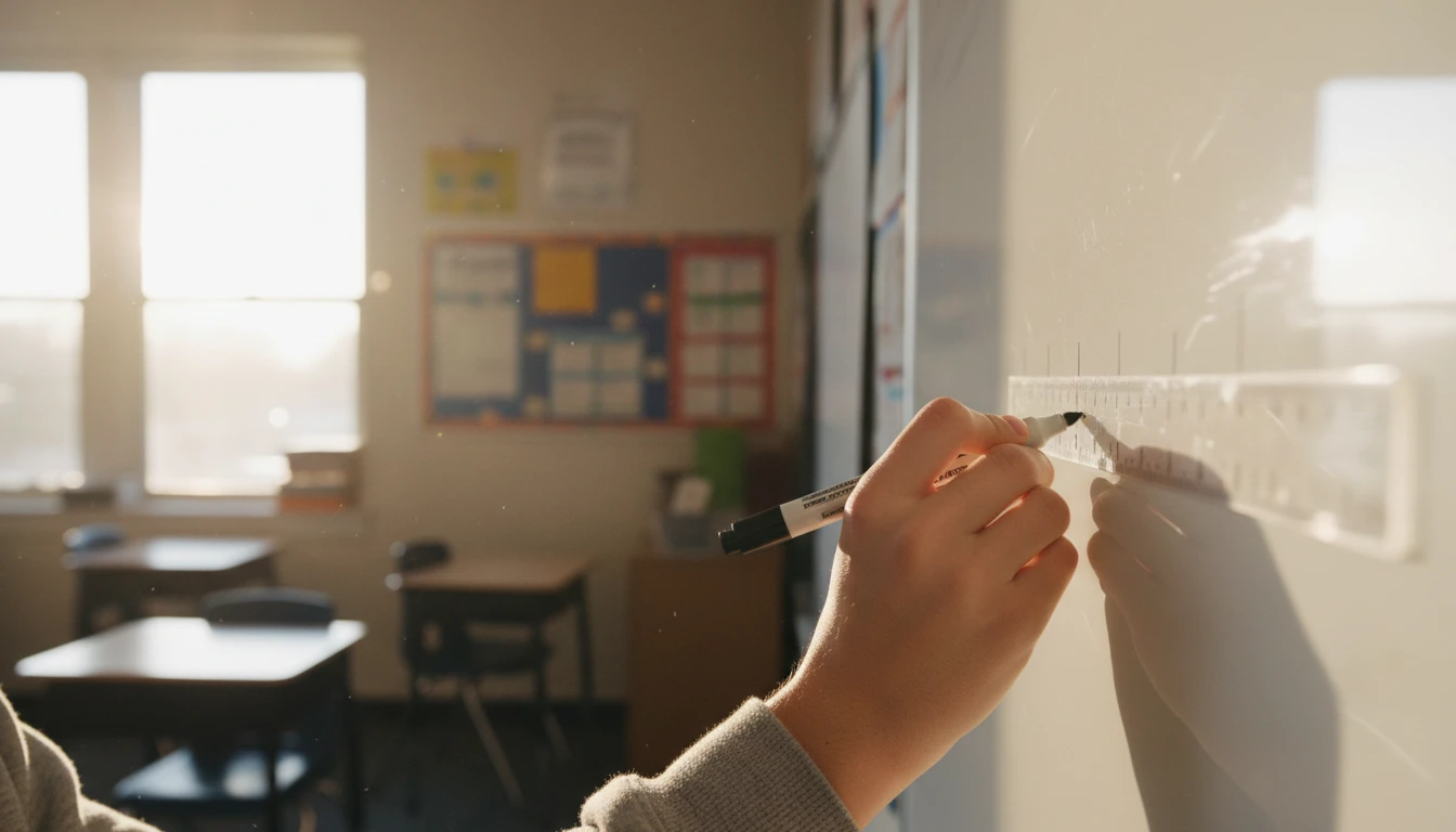 A student drawing a linear number sequence on a whiteboard in a bright classroom
