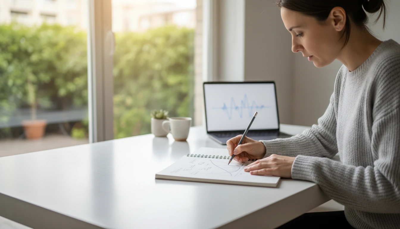A researcher sketching an exponential growth curve on a notepad at a bright desk