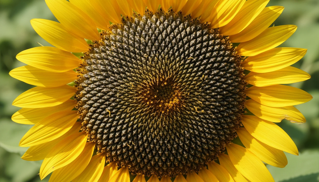 A sunflower head viewed from above showing spiral seed arrangement