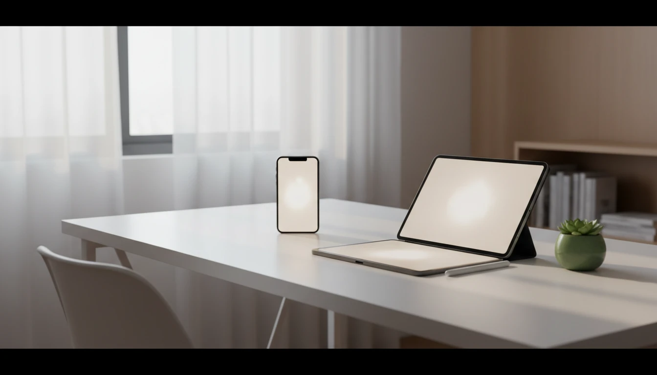 iPhone and iPad displaying a music player on a clean desk